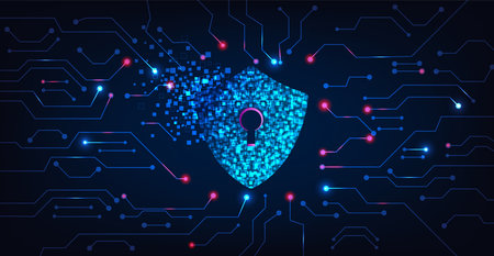 Cyber security destroyed.Shield destroyed on electric circuits  network dark blue.Cyber attack and Information leak concept.Vector illustration.のイラスト素材