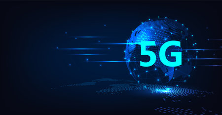 Concept of technology 5G network.5G symbol on world 3D wireless Internet network connection Information technology Illustration.Concept of future technology network.のイラスト素材