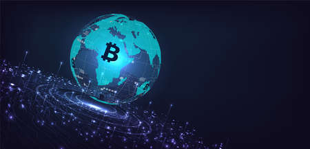 Electronic currenciesand Investment concept.Bitcoin digital currency and world globe futuristic digital money technology worldwide network. Bitcoin global network connection.vector illustration .のイラスト素材