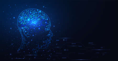 Artificial intelligence concept.Human head outline with circuit board  digital human face in robot digital computer interpretation and Machine Learning Concept.(AI) Vector illustration.のイラスト素材