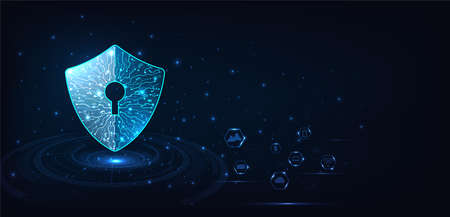 Cyber attack protection privacy concept. Security shield icon digital display over on dark blue background.Data protection, privacy, and internet security concept.のイラスト素材