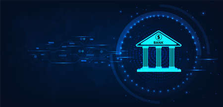 Internet Banking Technology.Isometric illustration of bank on dark blue technology background.Digital connect system.Financial and Banking  technology concept.Vector illustration.のイラスト素材