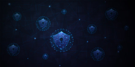 Protection computer network concept.Computer protection virus attack with shield Keyhole icon on dark Blue background.のイラスト素材