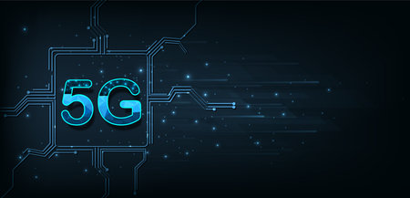 5G icon on electric circuits dark blue background.Concept of develop 5G wireless technology network...