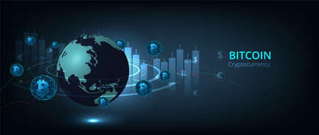 Bitcoin currency concept.Glowing polygonal bitcoin coin revolve around the world on defocused chart background.Cryptocurrency currency global network connections background concept.のイラスト素材