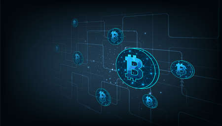 Symbol Bitcoins standing on circuit board.Investment concept and exchange electronic currencies.Bitcoin digital currency  digital money technology on Dark blue background.のイラスト素材