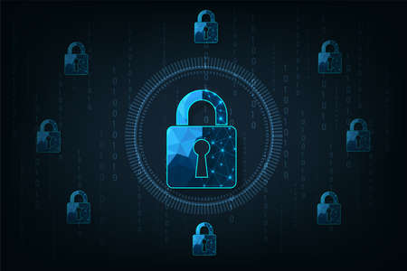 Network protection and Cyber security concept.Visualization of cyber security With Padlock  lock on dark blue background.Cyber security concept.Vector illustration.のイラスト素材