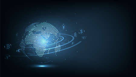 Money Transaction Technology Concept.Global network connection.Money transfer. Foreign exchange.Payment mechanism.Global Currency. Vector Illustration.のイラスト素材