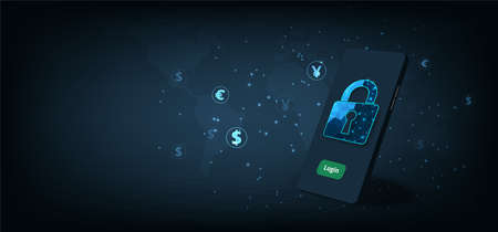 Mobile financial transactions security concept.Smartphone with Padlock lock on dark blue background.Internet of things technology of automatic financial transactions protection on mobile.のイラスト素材