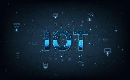 IOT concept design. Symbol IOT connected with icons of typical on dark blue background.Internet of things user connecting interconnecting with everyday objects with network.のイラスト素材