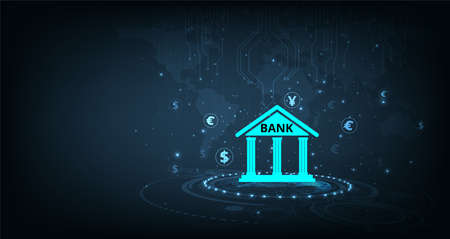 Financial and Banking  technology design.Foreign exchange Bank icon and Capital flow on dark blue technology background.Vector illustration.EPS 10.のイラスト素材