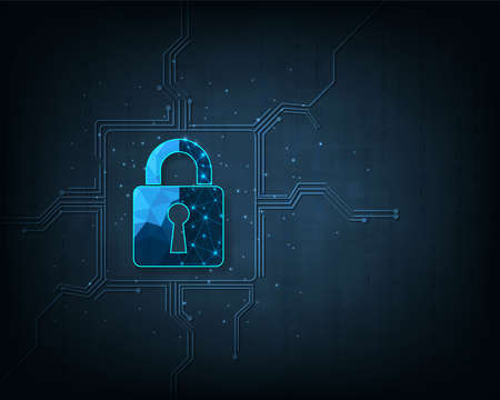 Data prevent and security concept.Visualization of cyber security With Padlock  lock on dark blue background.Cyber security concept.Vector illustration.のイラスト素材
