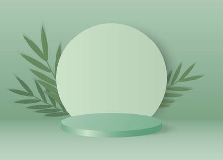 Cylinder podium made on green pastel background with leaves.Mock up for the exhibitions,presentation of products, cosmetic.Stage showcase on pedestal modern 3d studio.のイラスト素材