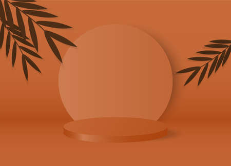 Cylinder podium made on Brown pastel background with leaves.Mock up for the exhibitions,presentation of products, cosmetic.Stage showcase on pedestal modern 3d studio.のイラスト素材