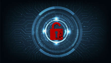 Cyber attack technology concept.Padlock red open on digital electric circuit circle background. Cyber attack and Information leak concept.Vector illustration.EPS 10.のイラスト素材
