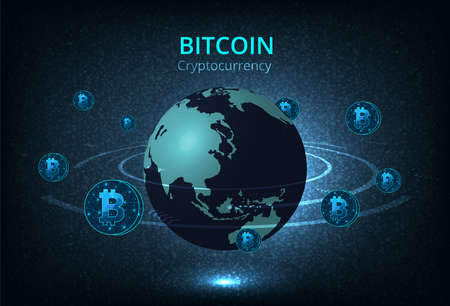 Cryptocurrency design.Glowing polygonal bitcoin coin revolve around the world.Cryptocurrency currency global network connections background concept.のイラスト素材