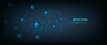 Cryptocurrency background.Bitcoin coin on polygonal background. Financial investment and Digital money exchange concept.のイラスト素材