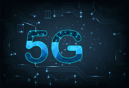 Creative 5G icon on electric circuits dark blue background.Concept of develop 5G wireless technology...