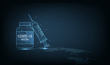 Vaccine and Medical concept.Vaccines and syringes for prevention and treatment from coronavirus(covid-19) infection on dark blue background.Vector illustration.のイラスト素材