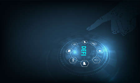 Decentralized Finance(DeFi) on dark blue background.Concept of cryptocurrency, blockchain and digital asset. Futuristic  decentralized financial system.のイラスト素材