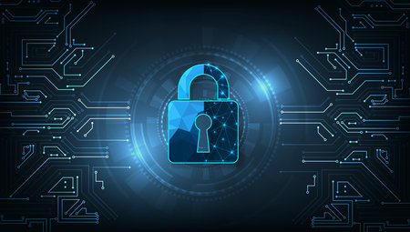 Internet security and Data prevent concept.Security Padlock lock  icon on dark blue background.Technology for online data access defense against hacker and virus.Technology security concept.のイラスト素材