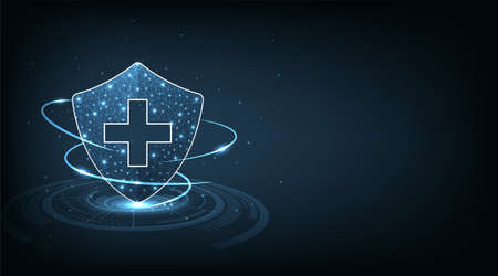Medical security technology concept.Medical health protection shield on dark blue background.Medical and security polygonal  illustration.のイラスト素材