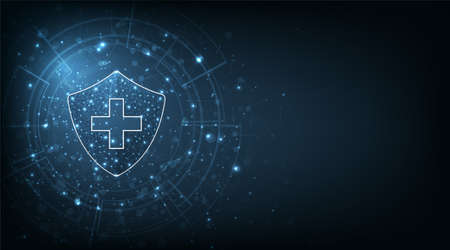 Futuristic medical healthcare shield background.Protection concept with glowing low poly shield on dark blue background.のイラスト素材