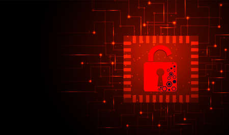 Concept of destroyed cyber security.Padlock red open on electric circuits network dark red background.Cyber attack and Information leak concept.Vector illustration.のイラスト素材