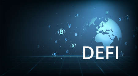 Decentralized finance(DeFi) concept design.Composition of cryptocurrency with digital asset vector on dark blue background.Futuristic decentralized financial system.3D illustrationのイラスト素材