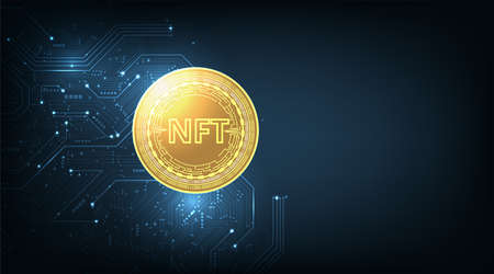Non fungible token coin concept.NFT coin design in circuit board style for pay unique collectibles in games.Crypto currency concept. Vector Illustration.のイラスト素材
