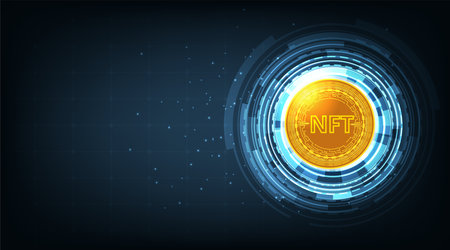 Non fungible token coin design.NFT coin in circuit board style for pay unique collectibles in games.Crypto currency concept.のイラスト素材