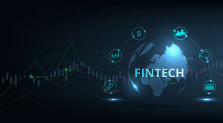 Financial technology concept and Business world class design.Icon Fintech and things on dark blue technology background represents the connection Financial technology,banking and Business world class.のイラスト素材