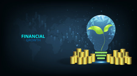 Concept of financial investment growth.Vector Tree growth in bulb and gold coins with dark blue background.のイラスト素材