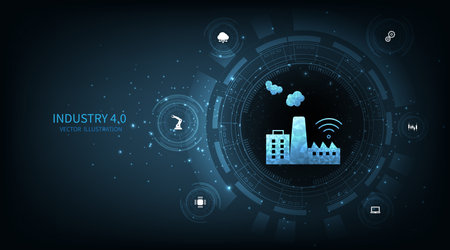 Industry 4.0 concept design.Industrial plants and connections to automation with futuristic elements on dark blue background. Autonomous industrial technology design.のイラスト素材
