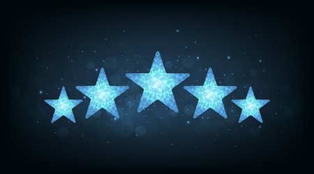 Rating concept. Wireframe five stars, low poly style.Five stars rating concept. Client satisfaction, luxury service evaluation on dark blue background.のイラスト素材