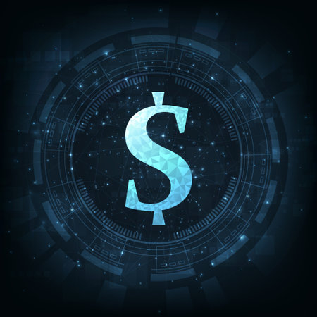 Futuristic glowing low polygonal dollar symbol design.Digital dollar sign icon. Financial Technology Concept or FinTech on dark blue technology background.のイラスト素材