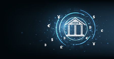 Banking and Finance concept illustration.Banking Technology concept.Isometric illustration of bank on dark blue technology background. Digital connect system. Financial and Banking technology concept.のイラスト素材