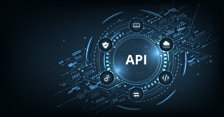 Application Programming Interface (API) on blue background. Software development tool, information...