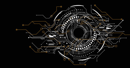 Circuit board technology on black background.Vector abstract technology illustration Circuit board on black background.High tech circuit board connection system concept.のイラスト素材