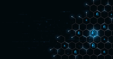 Internet security and Data prevention concept.Security Padlock lock icon on dark blue background.Technology for online data access defense against hackers and viruses.Technology security concept.のイラスト素材