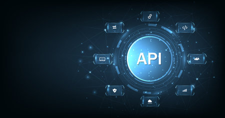Application Programming Interface (API) on blue background. Software development tools, information technology, modern technology, internet.のイラスト素材