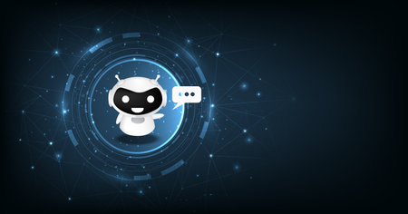 Concept of a chatbot. cartoon cute white robot on a dark blue background. robot assistant online consultant. 3d illustration on dark blue background.のイラスト素材