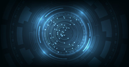 Circle technology dark blue overlay concept. Circular geometric shape technology background.のイラスト素材