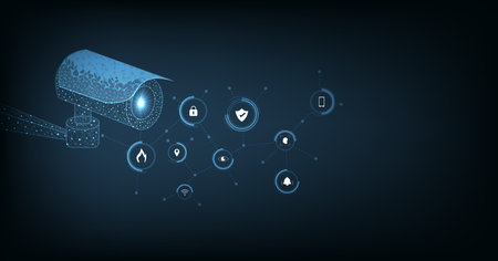 Concept of surveillance and monitoring. Camera Technology Safety Concept design. Camera vector low poly mesh design on dark blue background, Security system, CCTV Security concept.のイラスト素材