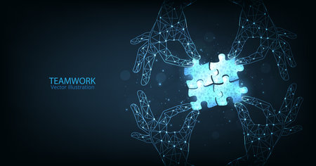 Concept of Teamwork and cooperation. Strategy for success. jigsaw digital technology blue on dark blue background. puzzle connect achievement low poly wireframe.のイラスト素材