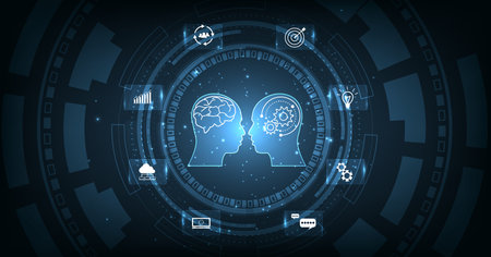Human Chat with AI or Artificial Intelligence. AI chatbots and artificial intelligence can communicate through messages with humans naturally. Robot in the online system.Futuristic technology.のイラスト素材