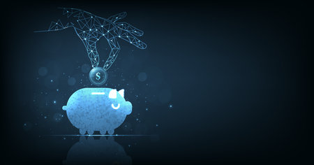 Savings and financial growth concept. hand coin holding on the piggy bank on dark blue background.のイラスト素材