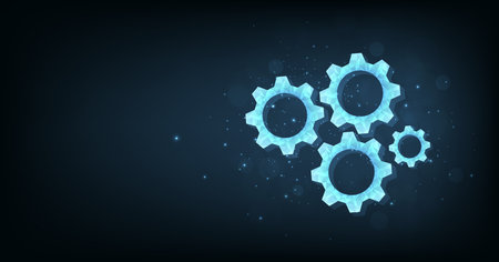 Gears 3d modern illustration on dark blue background.Digital technology and engineering design. mechanical technology symbol engineering machine.industrial development, engine operation.のイラスト素材