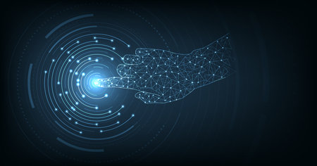 Hand design Technologies of the future.Polygonal Hand mesh image on dark blue background.Futuristic technology. Hi-tech abstract background.のイラスト素材