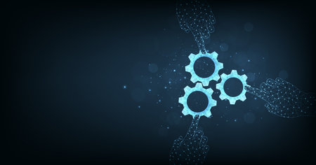 Teamwork and cooperation concept. Strategy for success. Gear digital technology in hand on dark blue background. puzzle connect achievement low poly wireframe.のイラスト素材